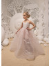 Beaded Blush Pink Lace Tulle Corset Back Flower Girl Dress